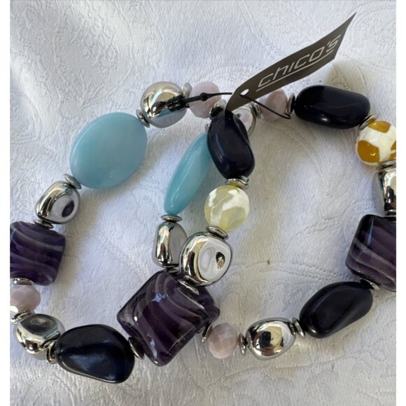 Chico's 2 PC Turquoise Blue Purple Silvertone Stretch Stackable Bracelet - NWT - Picture 12 of 16